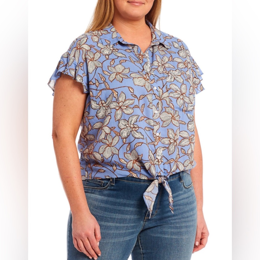 Jessica Simpson blue print blouse with ruffles